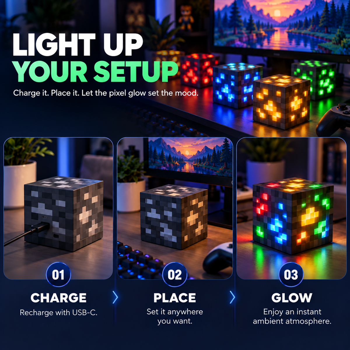 Three-step guide showing charge place and glow for the pixel block lamp