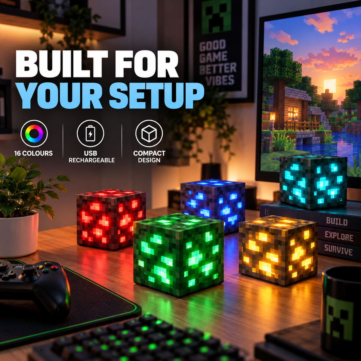Pixel ore block lights in multiple glowing colors on a gaming desk