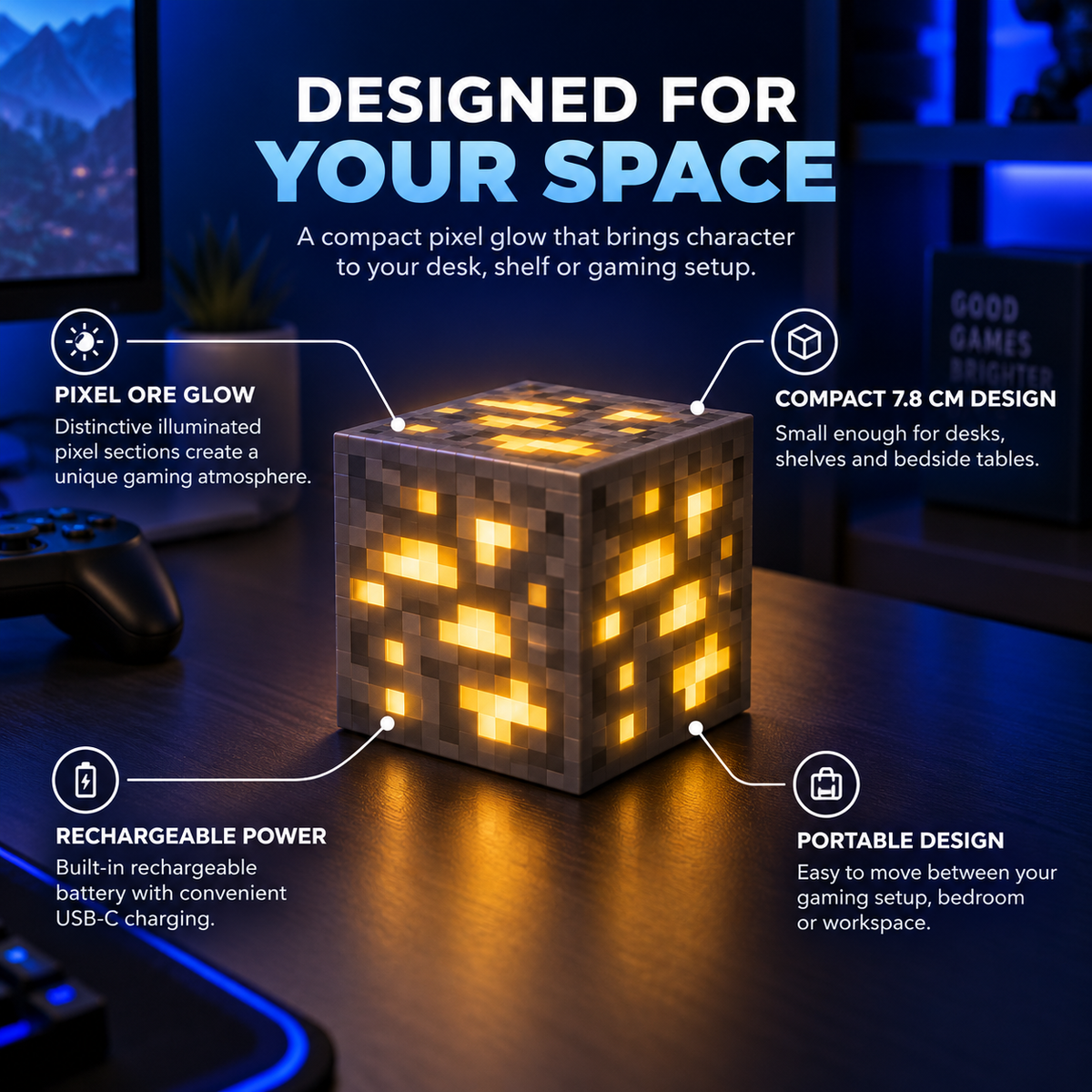 Compact pixel ore block lamp with rechargeable USB-C power
